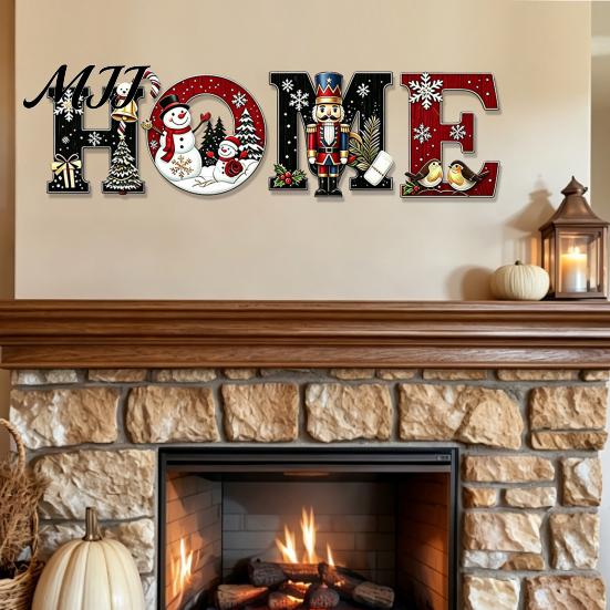 Nutcracker Themed Home Sign 4Pcs Christmas HOME Wooden Letter Wall Decor, Hanging with Snowman Reusable Set Tree Art, Waterproof Farmhouse Holiday