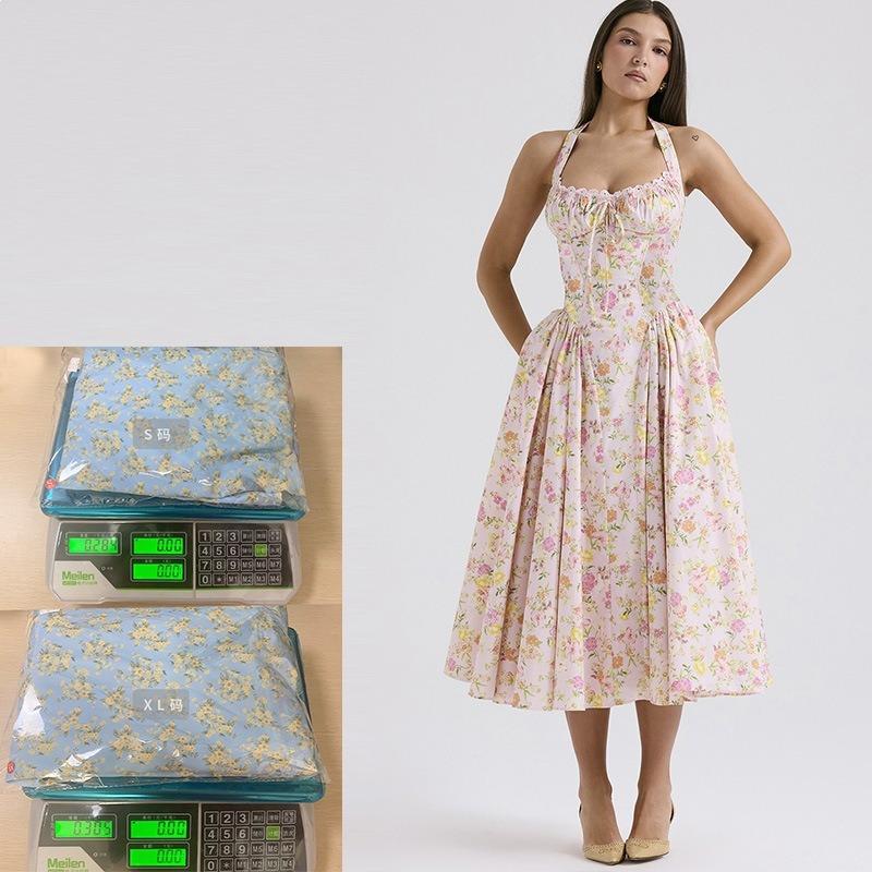 

New Summer Fitted Halter-neck Long Dress with Fashionable Printed Collar and Lace Trim S