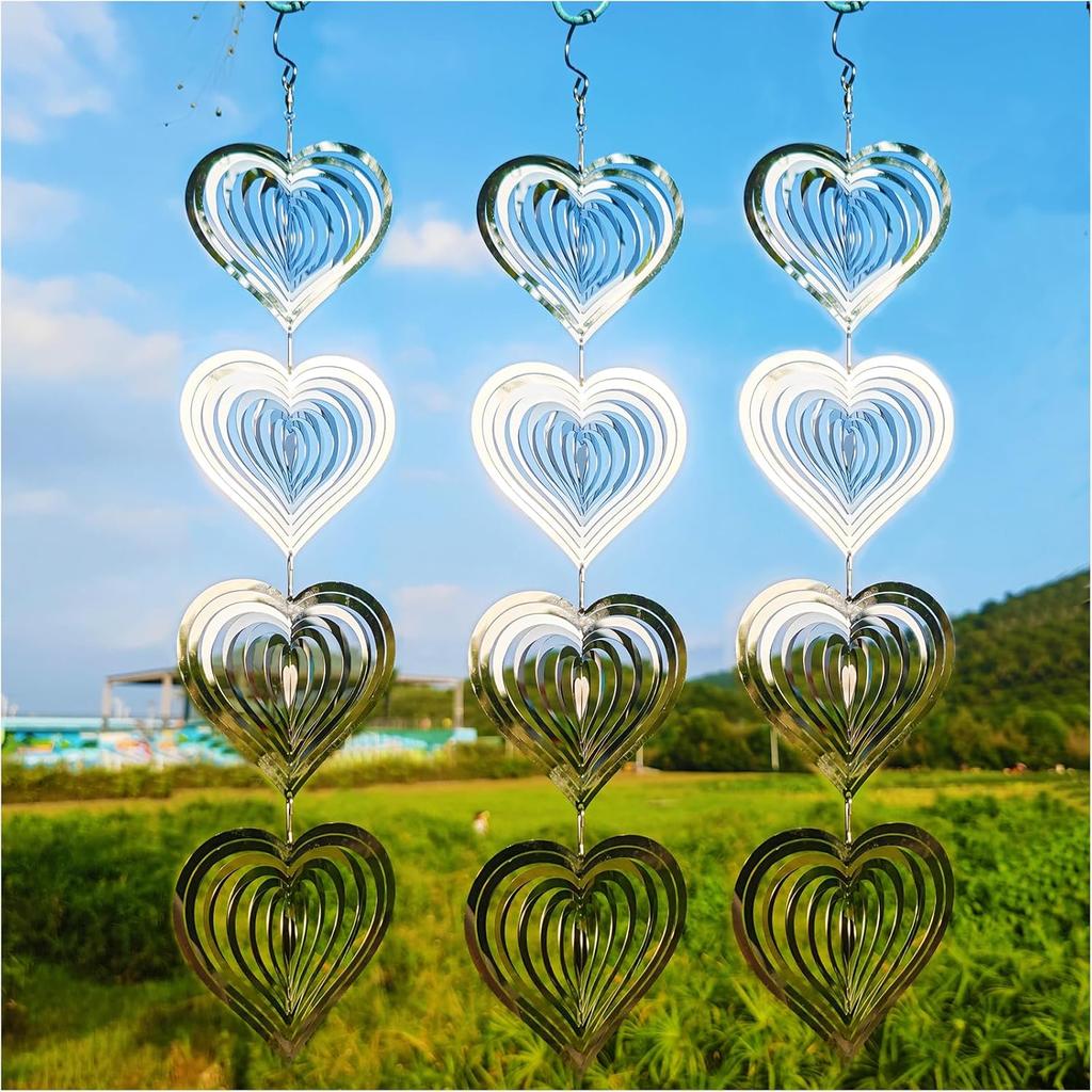 3Pcs Heart Shape Reflective Bird Scare Discs Double Sided Metal Hanging Bird Deterrent Wind Spinner for Garden Patio Farm