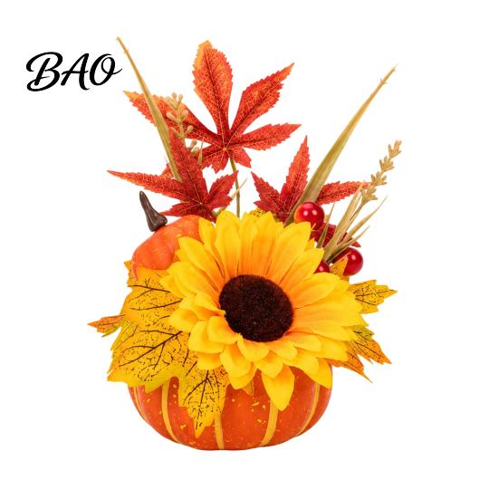 Autumn Mantle Decor Artificial Pumpkin Table Centerpiece with Sunflowers Maple Leaves And Pine Harvest Ornaments Cones, Halloween Foam Ornament,