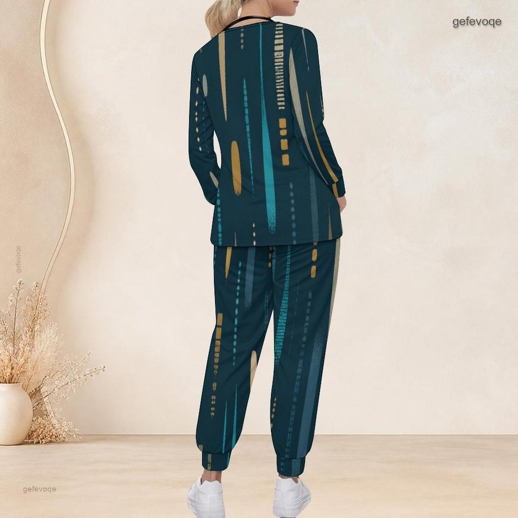 Women Plus Size Abstract Printed Nurse Scrub Set V Neck Long Sleeve Pocket Top Long Pants Two Piece