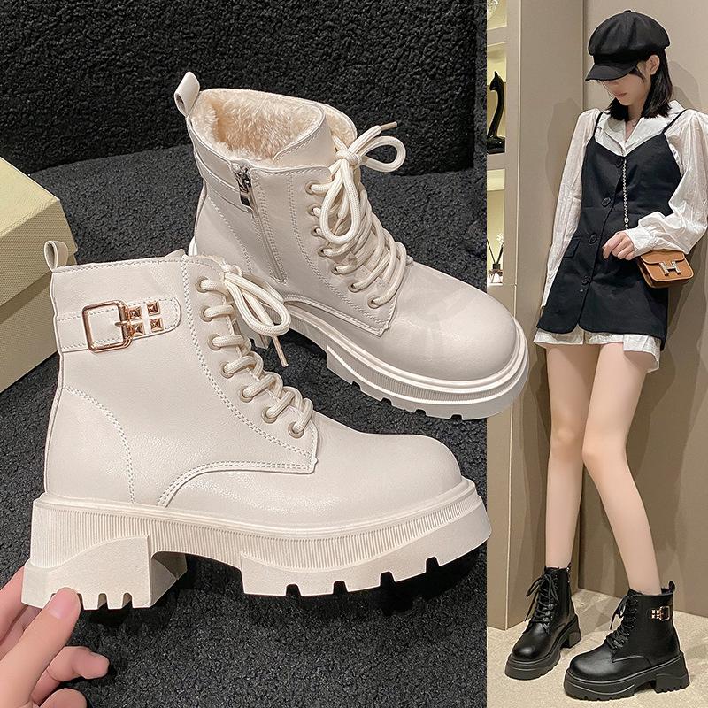 Mote Søte Ankel Dame Støvletter Vinter Snøring Glidelås Sko for Kvinner Hestesko Høye Hæler Varm Plysj Metallspenne Lær Moderne Støvletter Zapatos
