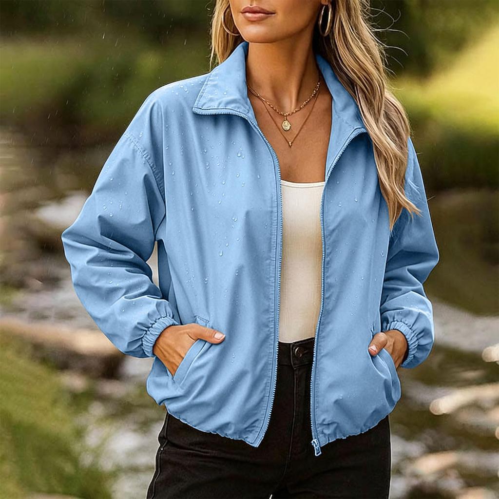 Women's Color Long Sleeve Hooded Zip-Up Jacket with Pockets