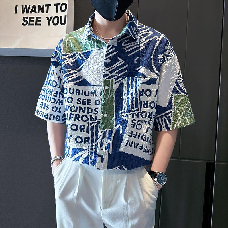 Men Clothing Summer Trendy Print Lapel Pocket Button Down Shirt Casual Streetwear Short Sleeve Loose Chic Tops Camisas De Hombre