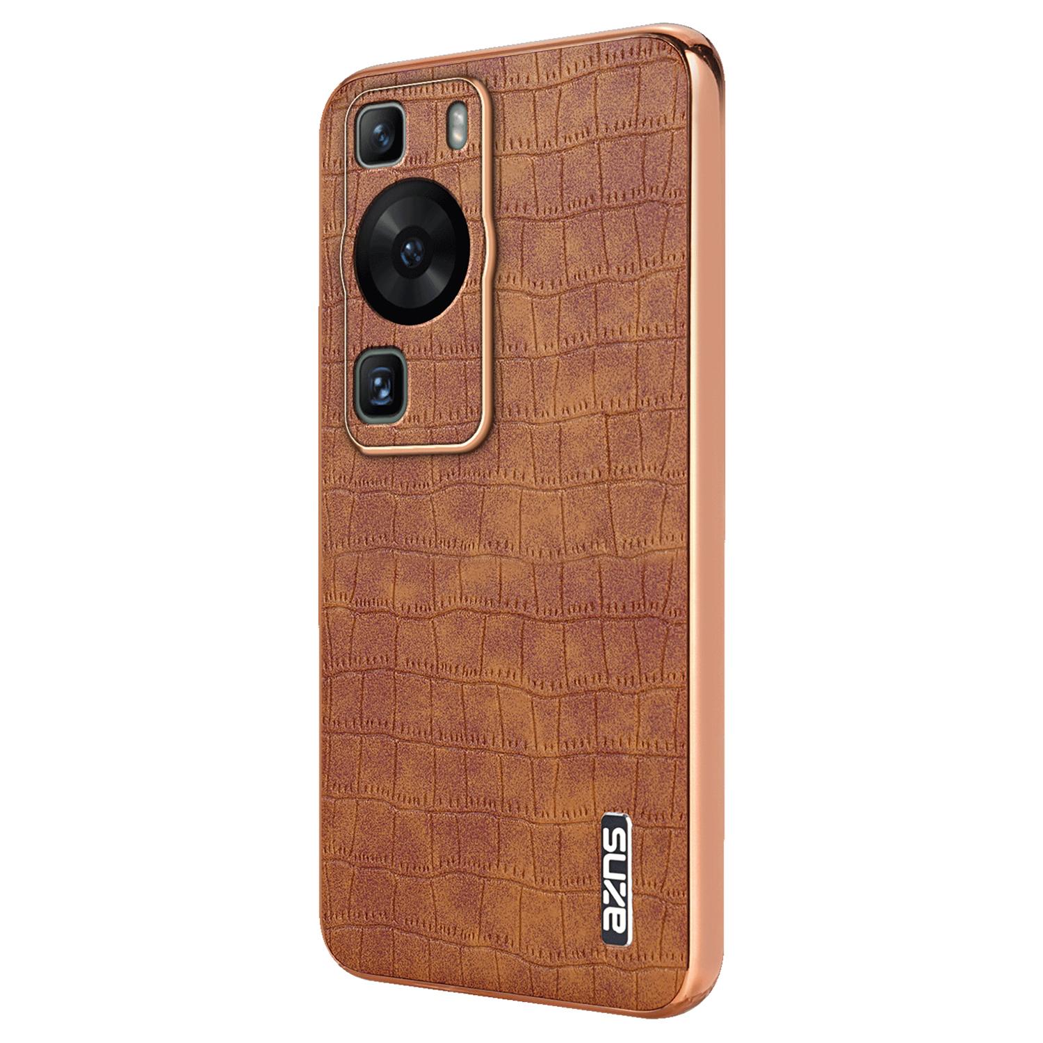 

For Huawei P60/P60 Pro Case Crocodile Texture Leather Coated TPU Phone Cover Brown