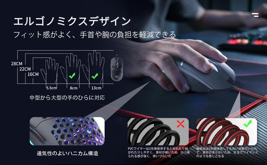 QYD Q306 PRO Honeycomb Gaming 12800 Ergonomic USB Gaming 7 Programmable LED Breathing RGB Compatible with Windows Mac and with a Braided Cable