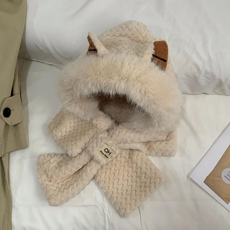 Women's Autumn/Winter Cute Puppy Ears Plush Hat and Scarf Set - Warm, Stylish, and Face-Slimming.