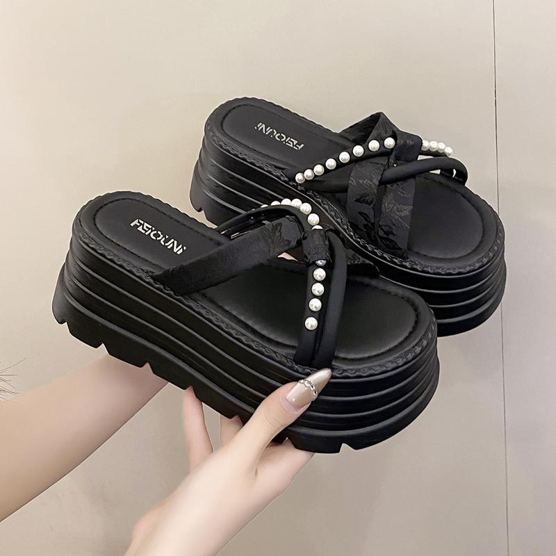 Fashion 8CM High Platform Slippers Women 2025 Summer New Thick-soled Ladies High Heels Beach Sandals Pearl Silk Ethnic style Flip Flops