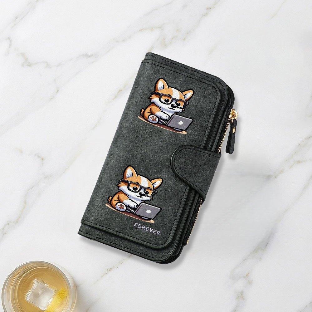 Fashionable Long Wallet with Corgi Computer Worker Wearing Glasses Print Design Eye Catching Multifunctional Portable Coin Purse with Clasp Large