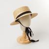 Children's spring and summer new straw flat-top straw hat with straps, outdoor beach travel, sunshade and sun protection, wide-brimmed straw hat