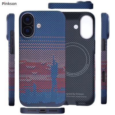 Pinkson IPhone 17 Case, City Sunset Apple 17 Kevlar Aramid Carbon Fiber Pattern Full Coverage Frosted Hard, Simple Business Lightweight for Me
