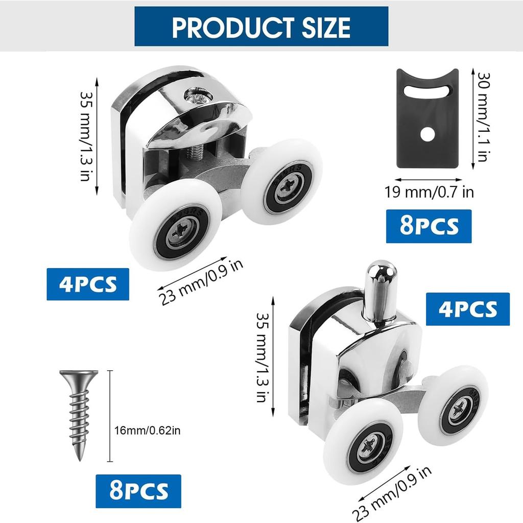 Shower Door Wheels, 8 Pcs Curved Shower Door Rollers, 23mm Replacement Shower Door Wheels with Anti-Collision Block and Screws