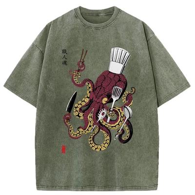 Japanischer Stil Oktopus Koch Gewaschenes T-Shirt Sommer Kurzarm Rundhals T-Shirts Lässig Locker Urlaubs Übergröße Schicke Tuniken