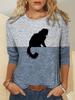 Color Block Printed Long Sleeved Casual Daily Basic Retro Round Neck 3D Cat Printed Women's T-shirts - Soft Medium Stretch Relaxed Fit Clothing