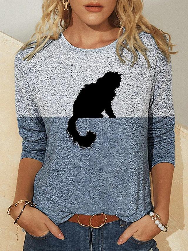 Color Block Printed Long Sleeved Casual Daily Basic Retro Round Neck 3D Cat Printed Women's T-shirts - Soft Medium Stretch Relaxed Fit Clothing