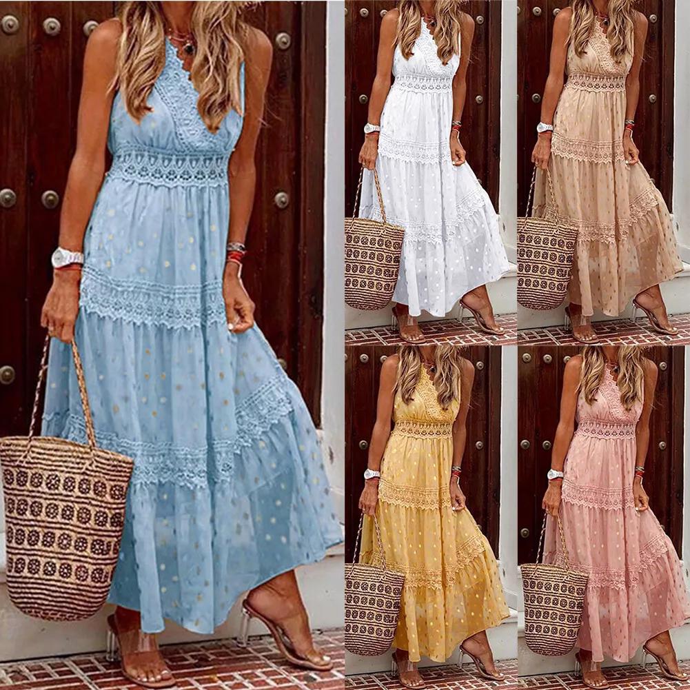 Women Chiffon Party Maxi Dress Polka Dot Boho Crochet Lace V Neck Beach Sundress