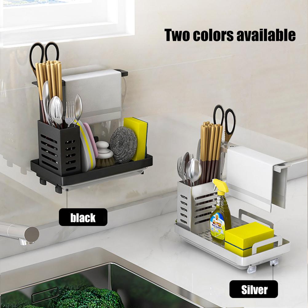 Kitchen Sink Caddy Organizer 304 Stainless Steel Sponge Soap Brushes Dispenser Holder with Rag Rack