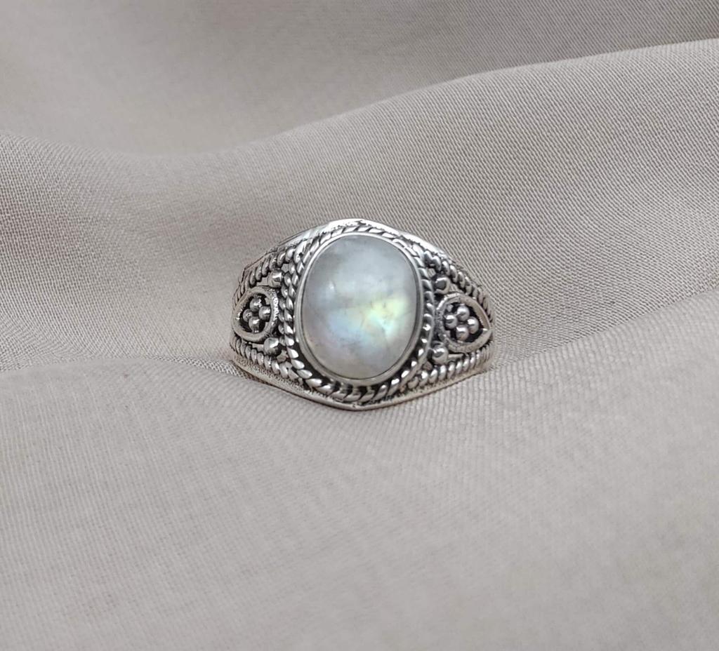 Rainbow Moonstone Ring: Oxidized 925 Sterling Silver, Boho Floral Design