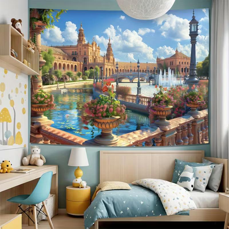 2D Seville Plaza Canal & Flowers Wall Tapestry European Palace Background Cloth for Aesthetic Home Decoratio