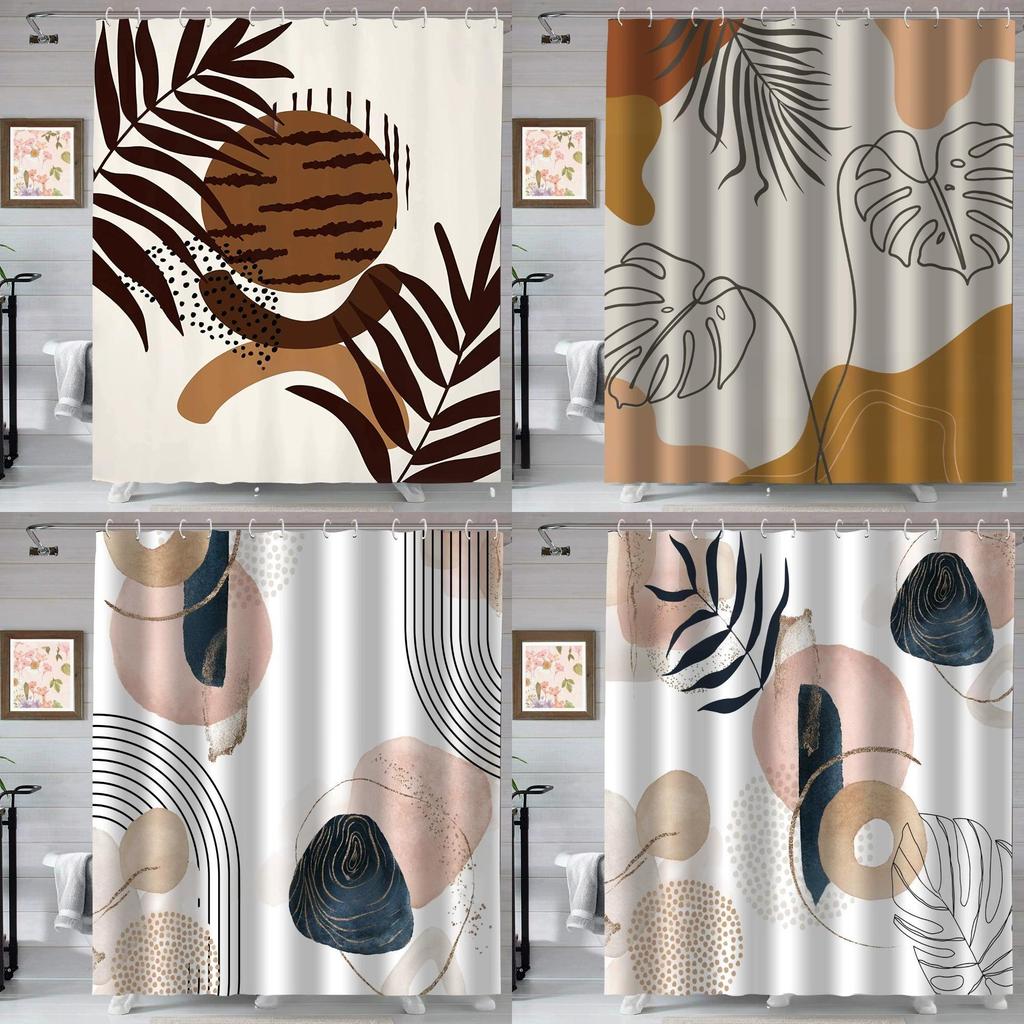 Boho Style Polyester Bathroom Shower Curtain With Geometric And Watercolor Abstract Design Waterproof Fabric