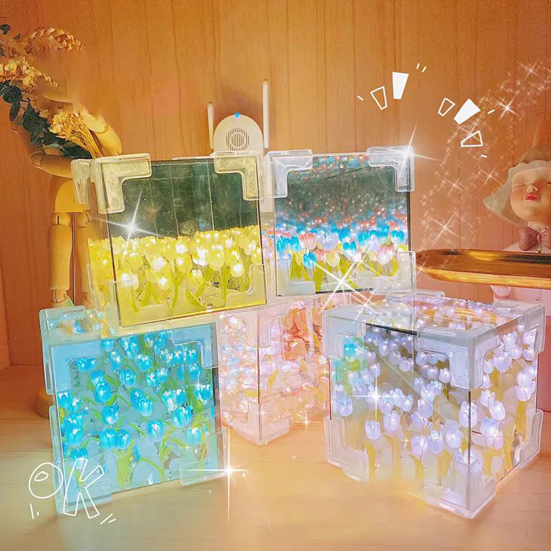 3D Mirror Night Light With Tulip Flower Sea Design, Diy Handmade Night Light Ornament, Small Gift 3D Tulip Diy Night Light