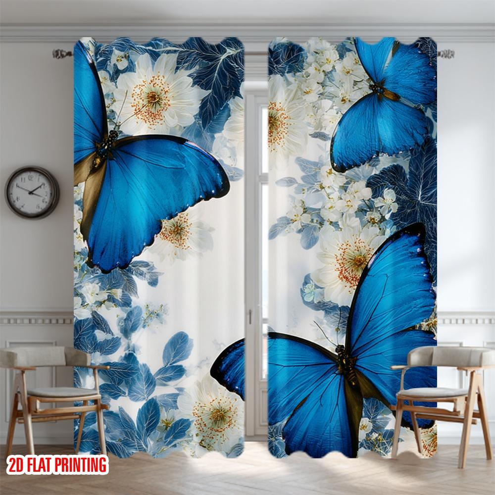 2D Flat Printing 2pcs Window Treatment Curtains Blue Butterflies White Flowers Digital Printed Polyester Drapes Festive Wall
