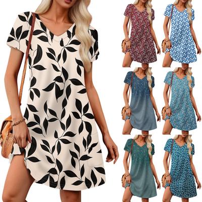 Damen Blütenblatt Kurzarm V-Ausschnitt Locker Blumenmuster Schwingendes Sommerkleid mit Taschen