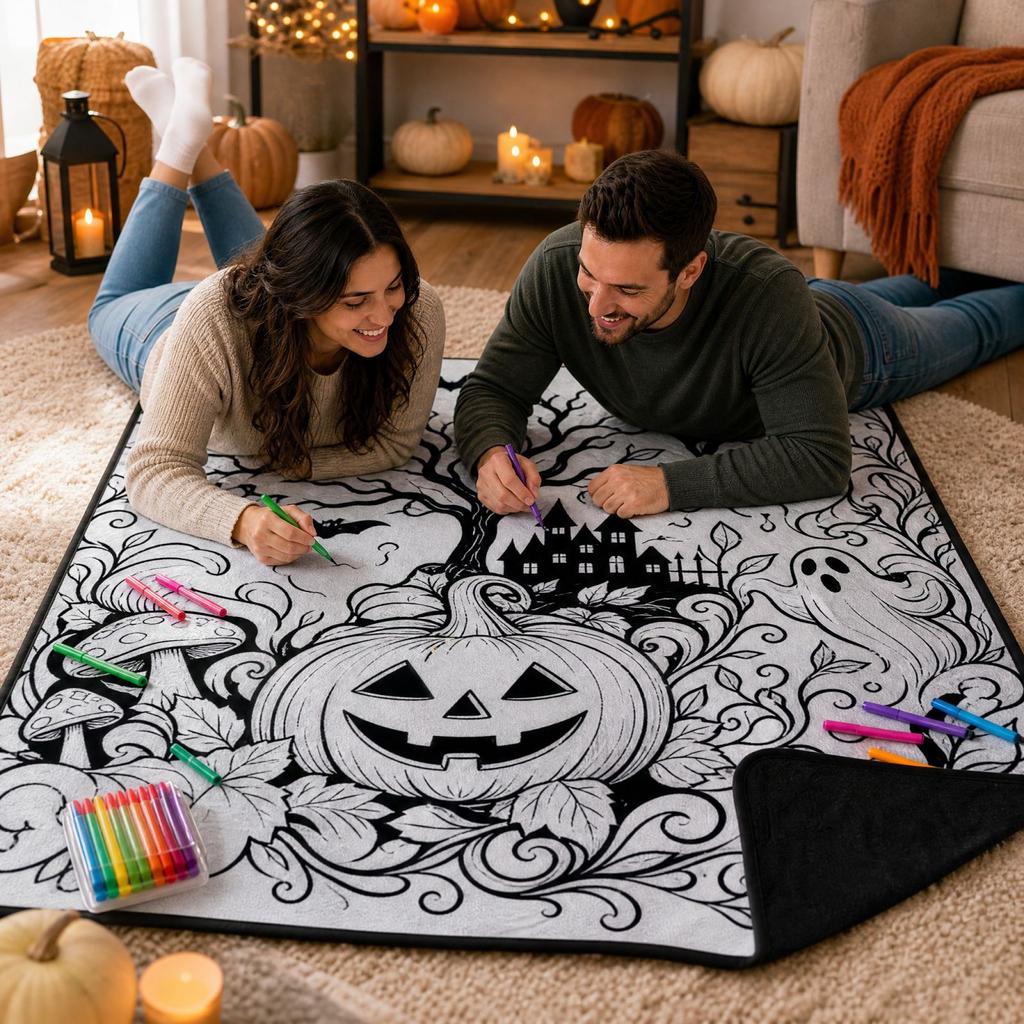 Kids Halloween Doodle with Color Pens, Large 100 150 Cm Coloring Blanket for Family Drawing Activities