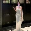 Satin Bandeau Hip Dress Female Slim Slim Heavy Work Sequins Celebrity Banquet Evening Dress Long Skirt