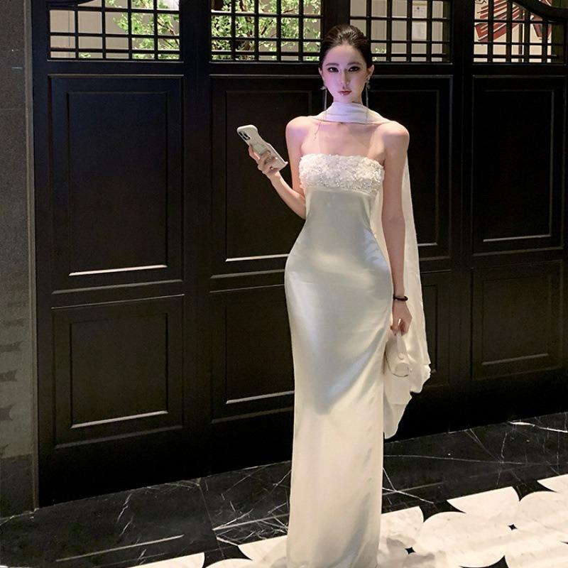 Satin Bandeau Hip Dress Female Slim Slim Heavy Work Sequins Celebrity Banquet Evening Dress Long Skirt