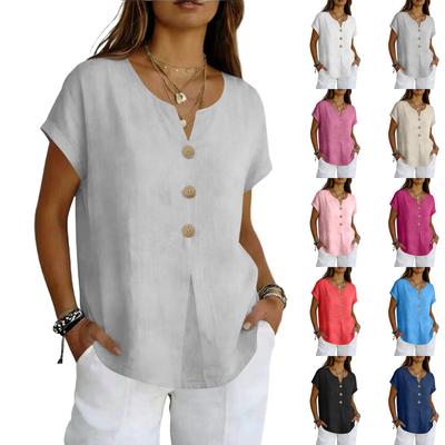 Women Short Sleeve V Neck Button Down Casual Loose Fit Blouse Lightweight Solid Top for Daily Office Wear