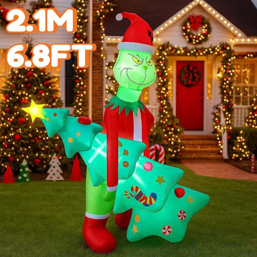 6.8FT/2.1M Inflatable Grumpy Green Christmas Character Holding Lighted Tree Outdoor Decor