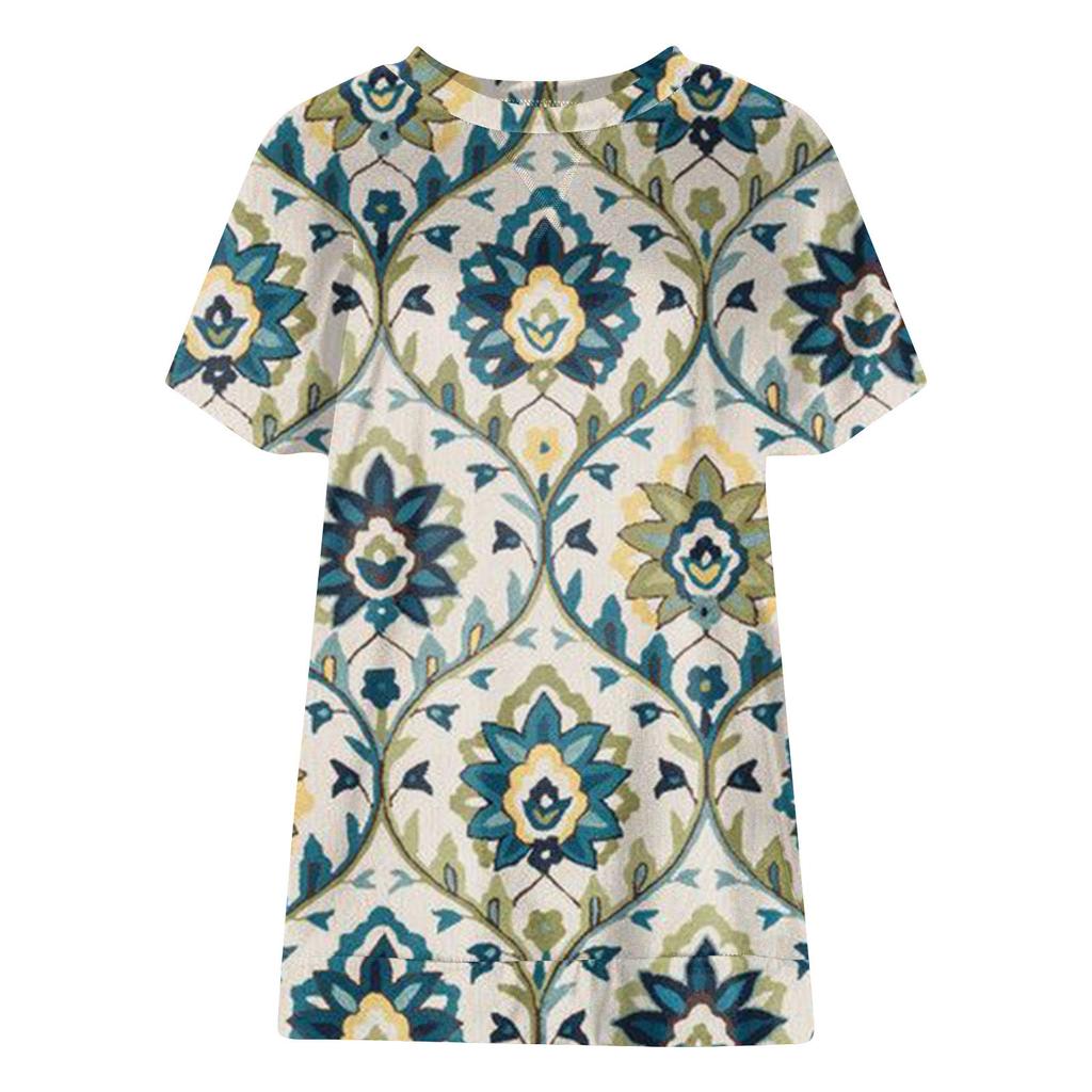 Women's Printed Short Sleeve Round Neck Retro Short Sleeve Summer Loose Tops Tops Women's Summer T-Shirts