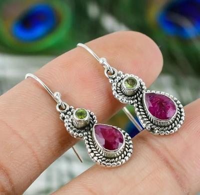 Bohemian Ruby Gemstone Earring, 925 Sterling Silver Earring, Ruby Handmade Jewelry, Bohemian Earring, Two Stone Earring,