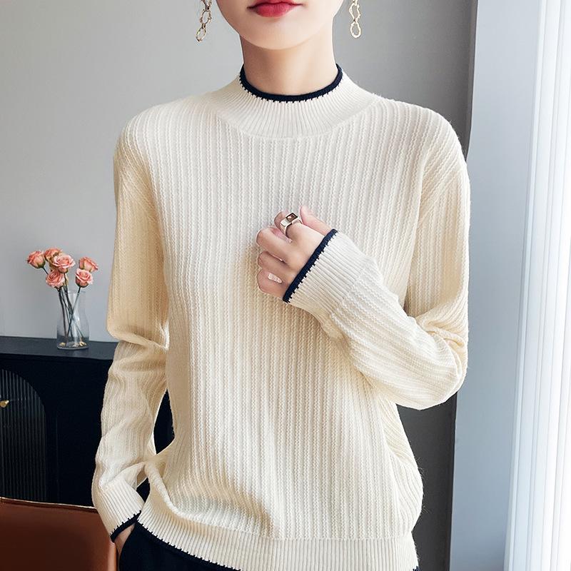 Women's Lace Color Block Knit Pullover - Loose Fit, Half High Collar, Slim Base Layer Top for Autumn/Winter