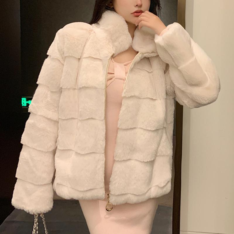 France Elegant Fur Warm Short Coat Women Winter Fleece Vintage Stand Collar Wool Jacket Korean Fashion Designer Clothes 2024 New