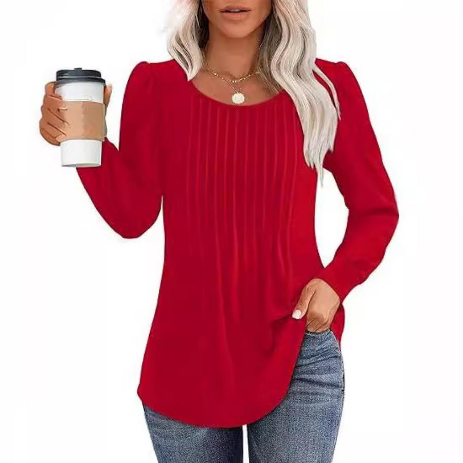 Maglietta a maniche lunghe da donna autunnali, alla moda, casual, plissettata, con scollo rotondo basso, abbigliamento da donna