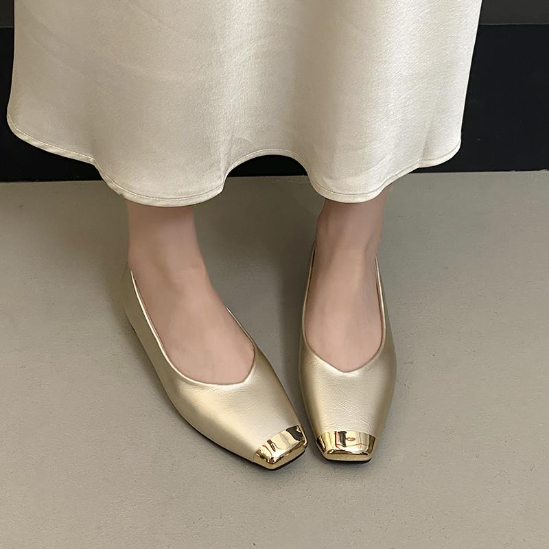 Fashion Metal Square Toe Suede Inside Heightening Anti-Slip Wear-Resistant Low Heel Single