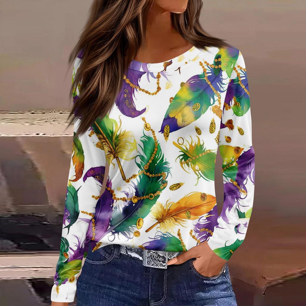 Women's Fashion Casual Slit Hem Round Neck Long Sleeve Loose Printed T-Shirt Top