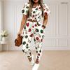 Women Plus Size Two Piece Set Round Neck Short Sleeve Ghost Printed White Crop Top Drawstring Cuffed Pants