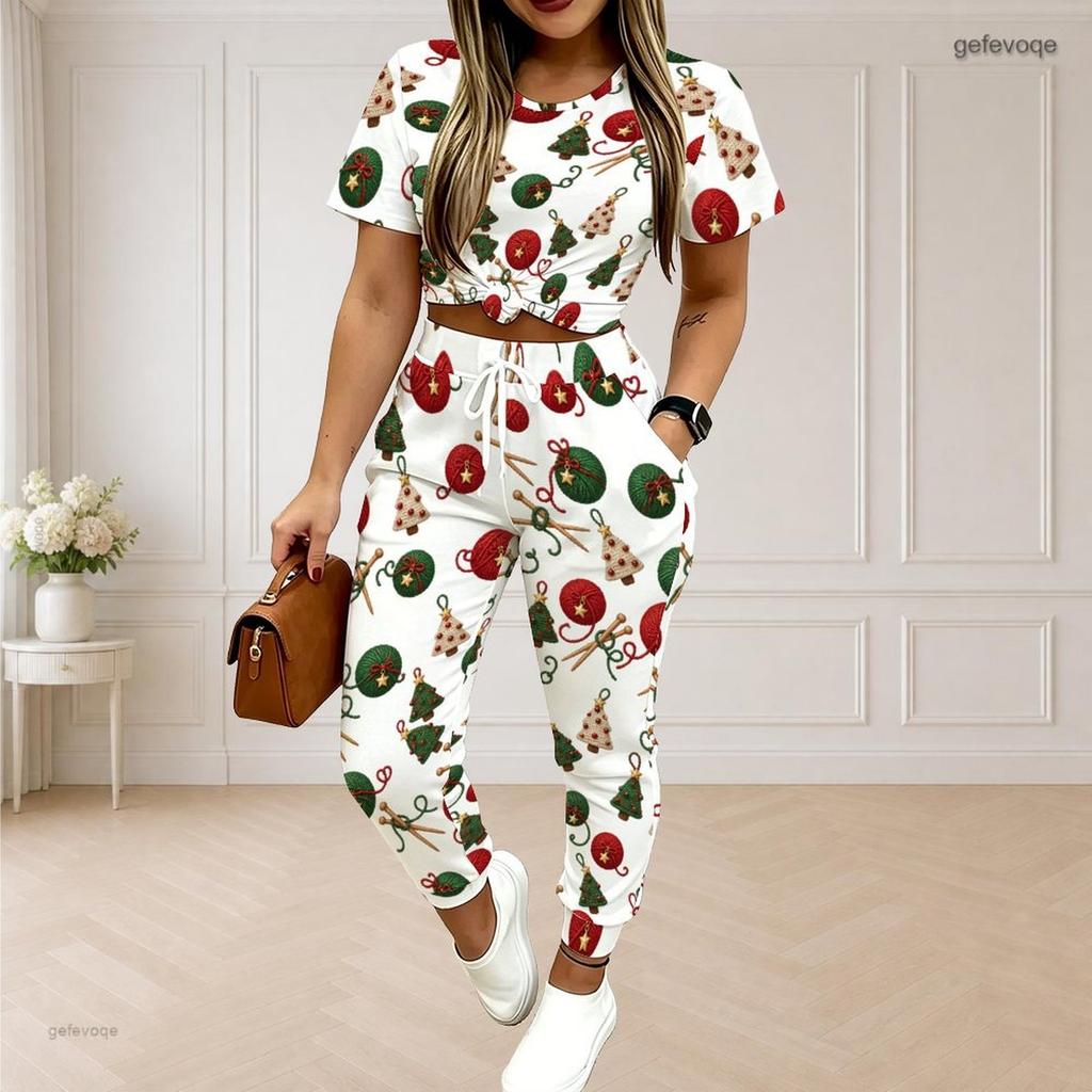 Women Plus Size Two Piece Set Round Neck Short Sleeve Ghost Printed White Crop Top Drawstring Cuffed Pants