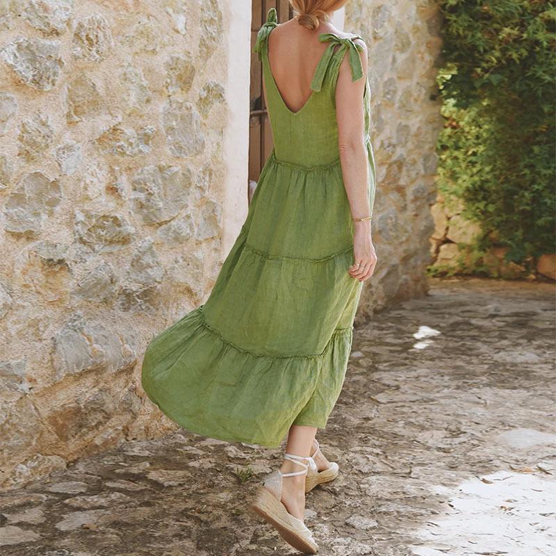 YYFS Women's Fashion Summer Spring Solid Color Print Sleeveless V-Neck Loose Waistline Casual Dresses