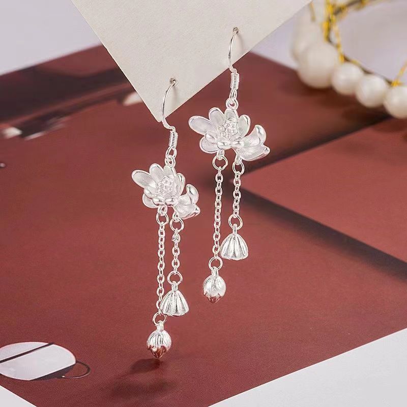 Women Casual Shopping Silver Flower Zircon Tassel Earrings