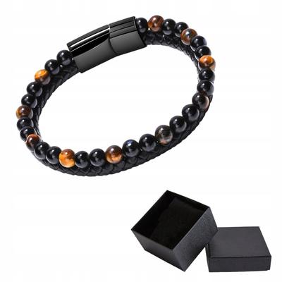 Black Leather Men's Braided Bracelet with Tiger's Eye Natural Stone