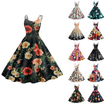 Women's Casual Fashion Flower Print Sexy Off Shoulder Punk Retro Dress Retro Dress Dress
