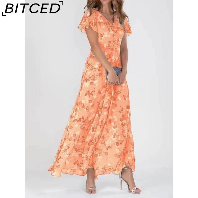 

BITCED 6-цветное платье макси с V-образным вырезом и оборками, короткие рукава, приталенная талия, высокая талия, струящийся подол, милое цветочное шифоновое платье, женская одежда XXXL оранжевый