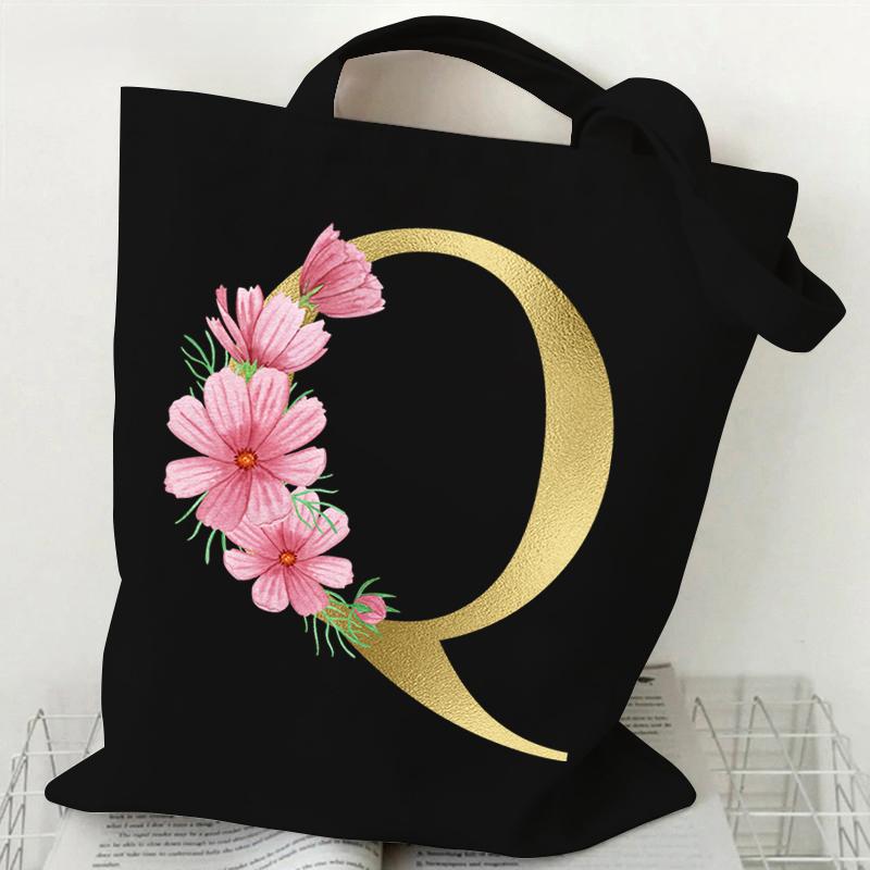 26 Golden Alphabet Floral Tote Bags for Women Large Capacity Canvas Casual New Flower Alphabet Printed Female Reusable Handbag