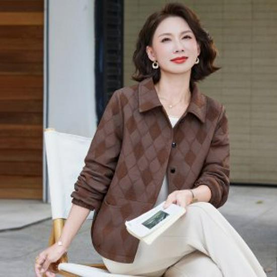 

Elegant Spring Lapel Jacket for Middle-Aged Women - Fashionable, Casual, and Noble Style 4XL кавовий