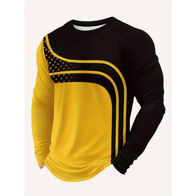 Men's Sports Fashion Gradient Color Paint Mar Print Crew Neck Long Sleeve T-shirt Spring Autumn Leisure Tops Outdoors Sports Wear Tshirt