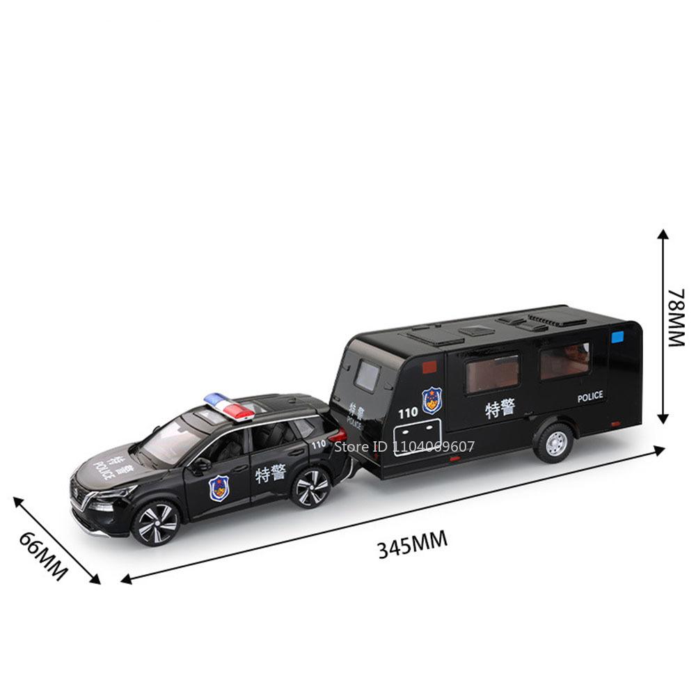 1:32 X-Trail Car Model Toys SWAT Trailing RV Alloy Diecast Polic Cars Sound Light Pull Back Doors Opened Toy Vehicle Boy Gifts